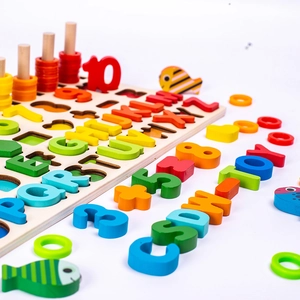 Jeu éducatif Montessori 6-en-1 en bois avec pêche magnétique et blocs de lettres et chiffres