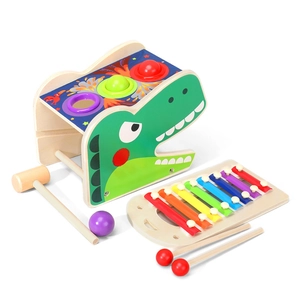 2-in-1 wooden dinosaur pounding toy and rainbow xylophone musical set for toddlers