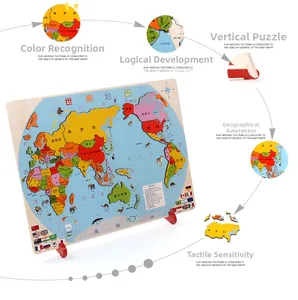 Macro view of wooden world map puzzle showing detailed printing and vertical stand