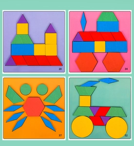 Creative wooden geometric puzzles showing various shapes like castle, train, and crab