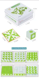 Detail of 3D wooden logic cubes showing components, tin box and puzzle assembly views
