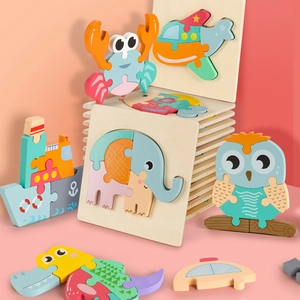 3D Puzzle en Bois Animaux Véhicules Jouet Éducatif Montessori Blocs Emboîtables Jigsaw pour Tout-Petits Enfants Cadeau