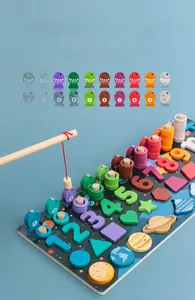 Close-up of wooden space-themed puzzle with colorful numbers and magnetic fish for toddlers