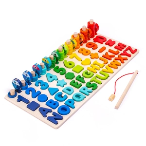 Jouet Montessori 6-en-1 en bois avec pêche magnétique, chiffres et formes alphabet