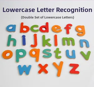 Flat lay of double set colorful wooden alphabet letters for kids educational word games