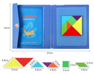 Detailed view showing dimensions of magnetic wooden tangram blocks and folding board