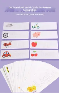 Double-sided wooden alphabet learning cards featuring colorful illustrations and word pairing