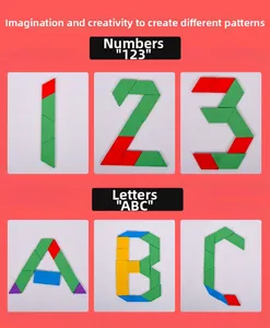 Educational wooden magnetic puzzle blocks forming numbers and letters on red background