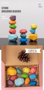 Detail of 11pcs colorful wooden balancing stones for kids in a premium gift packaging