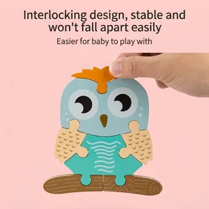 Puzzle hibou 3D en bois pour enfants avec pièces emboîtables et fond rose