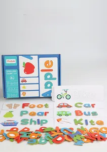 Detail view of wooden alphabet blocks and spelling word cards for preschool learning
