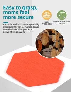 Detail of orange hexagonal solid wood puzzle block with smooth edges and natural grain