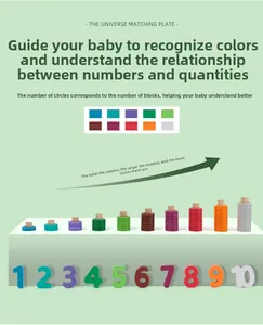 Detail of wooden counting puzzle toy with colorful stacking rings and number blocks