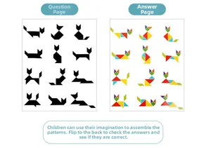 Detail of 12 cat-themed magnetic tangram challenge cards with silhouettes and solutions