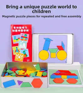 Macro shot of colorful magnetic geometric blocks and instruction manual in a metal tin box