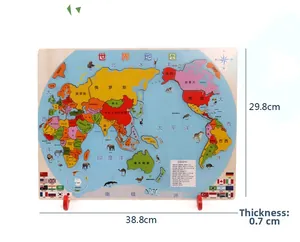 Detailed world map wooden puzzle showing global continents and flags for geography education