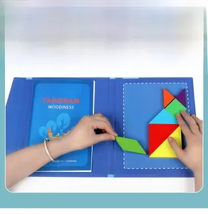 Macro detail of kids magnetic wooden tangram set with colorful geometric puzzle blocks