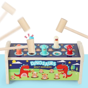 Educational dinosaur-themed wooden whack-a-mole game toy for interactive toddler play