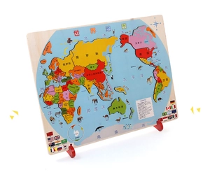 Educational wooden world map puzzle with animal illustrations and national flags on base