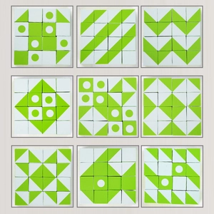 Educational 3D spatial thinking wooden blocks with geometric green and white patterns