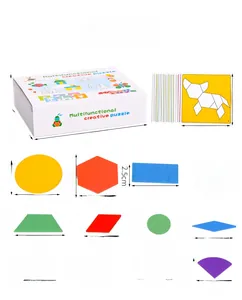 Detailed view of 148pcs magnetic wooden geometric puzzle set with box dimensions
