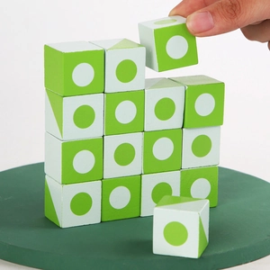 Educational wooden block set for kids featuring green and white cubes on a round base