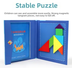 Blue book-style magnetic tangram for kids featuring colorful geometric shapes and a fox pattern