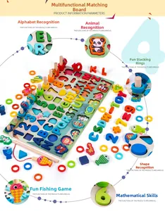 Detail view of colorful wooden alphabet puzzles and magnetic fishing game for toddler learning