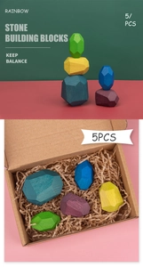 Detailed view of 5pcs colorful wooden stone building blocks in eco-friendly packaging