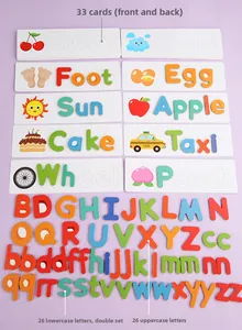 Macro detail of 33 double-sided English word cards and colorful wooden alphabet letters