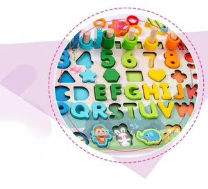 Close-up of wooden puzzle board with colorful numbers, letters and animal illustrations