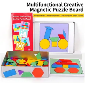 148Pcs Magnetic Wooden Geometric Shape Puzzle Set Creative DIY Tangram Montessori Educational Toy With Tin Box For Kids