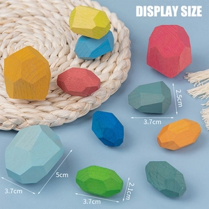 Detailed dimensions of multi-colored wooden stone building blocks for stacking play