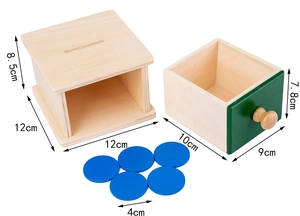 Close-up of Montessori wooden coin box with 12cm dimensions and blue discs for toddlers