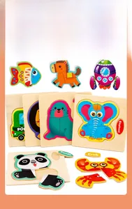Close-up of wooden 3D animal and vehicle puzzles with smooth edges for early education