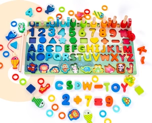Close-up of wooden Montessori toy board with colorful alphabet, numbers and magnetic fish