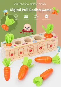 Detail of wooden Montessori toy showing carrot sizes with number 1-5 engravings for kids