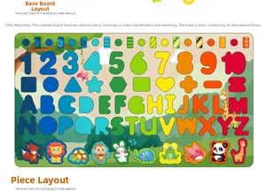 Detailed layout of wooden puzzle board featuring numbers, letters, and colorful animal shapes