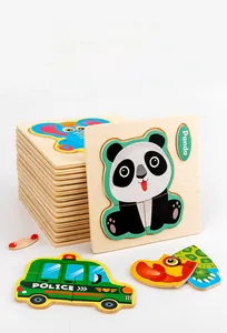 Detail of colorful wooden 3D animal and vehicle puzzles for early learning and toddlers