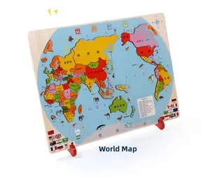 Educational wooden world map puzzle for kids featuring animal illustrations and national flags