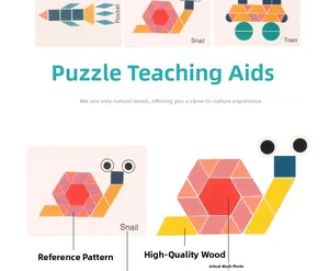 Dettaglio di blocchi geometrici in legno e schede modello per puzzle educativo bimbi