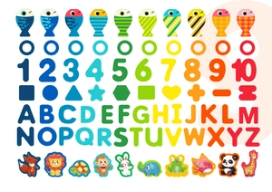 Detail view of colorful wooden alphabet letters and numbers for early educational puzzle