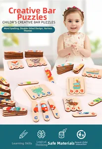 Detail of wooden word puzzle strips for kids featuring animal patterns and letters