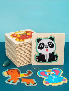 Detail of wooden 3D animal puzzles for kids featuring panda and elephant with English labels