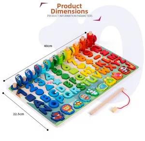 Detailed product size guide for wooden educational puzzle with letters and numbers