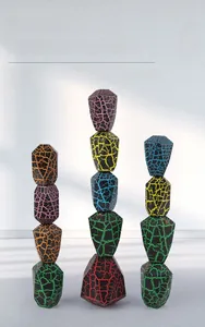 Close-up of colorful balancing stones educational wooden toy with unique crackle finish