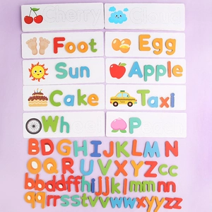 Wooden alphabet puzzle for kids with colorful letters and spelling cards on purple ground
