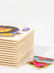 Detail of stacked wooden animal puzzles for kids showing smooth edges and colorful prints