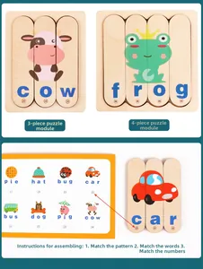 Detail of wooden puzzles with animal patterns and matching English words for toddlers