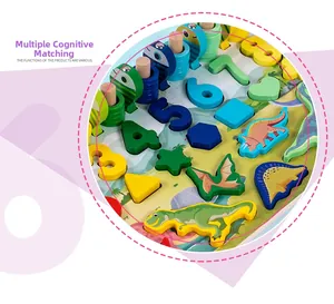 Detail of wooden Montessori board with dinosaur puzzles, shapes and numbers for kids